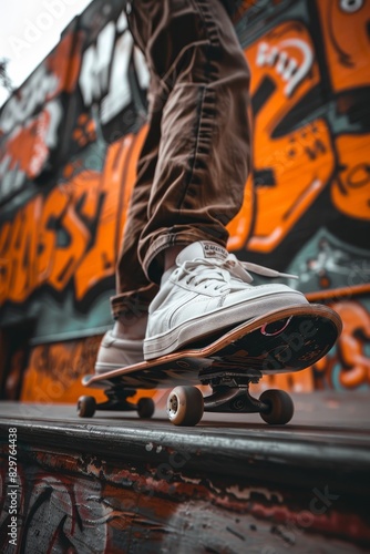 Close up of skateboarder s shoes displaying style and control during trick, olympic sport concept photo