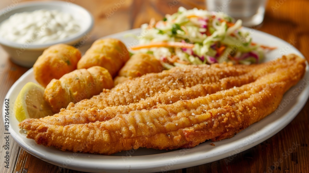 A plate of Southern-style fried catfish with hush puppies, coleslaw, and tartar sauce, a delicious seafood meal. A plate of Southern-style fried catfish with hush puppies, coleslaw, and tartar sauce, a delicious seafood meal.
