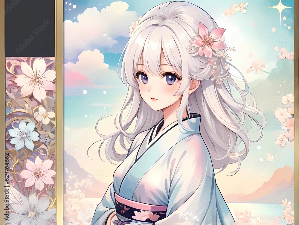 カラーインクスタイル透明感のある髪の長い和服少女と花の挿絵風イラスト カラーインクスタイル透明感のある髪の長い和服少女と花の挿絵風イラスト