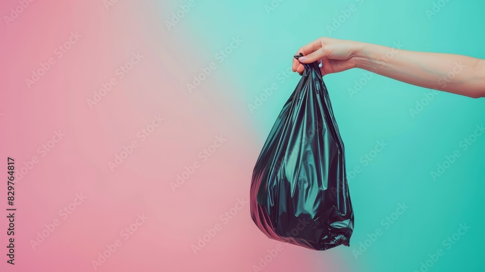 Woman s hand disposing of black plastic waste bag on soft colored background with space for text Woman s hand disposing of black plastic waste bag on soft colored background with space for text