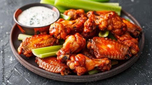 A platter of buffalo wings with spicy sauce, celery sticks, and blue cheese dressing, perfect for game day snacking.