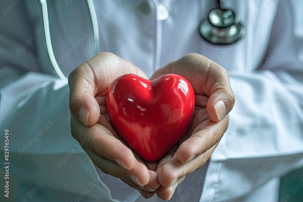Doctor holding red heart in hands, professional healthcare