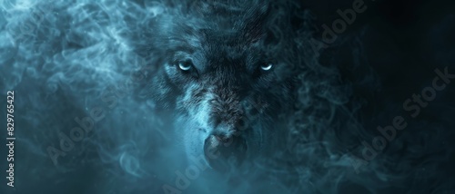 A wolf's intense gaze through swirling smoke.