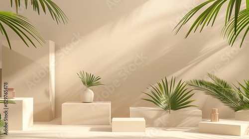 A serene beige studio with a 3D podium display  featuring geometric platforms and tropical palm leaves  providing a stylish and modern setting for cosmetic showcases  in