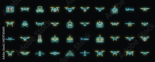 Drone technology icons set outline vector. Vr delivery. Helicopter survey neon color on black