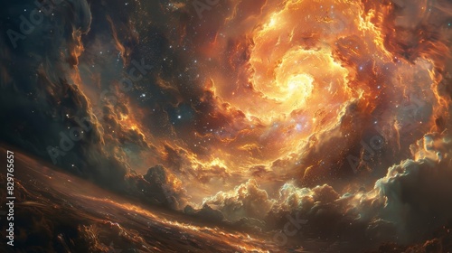 A swirling fiery nebula fills the sky with vibrant colors and glowing clouds. photo