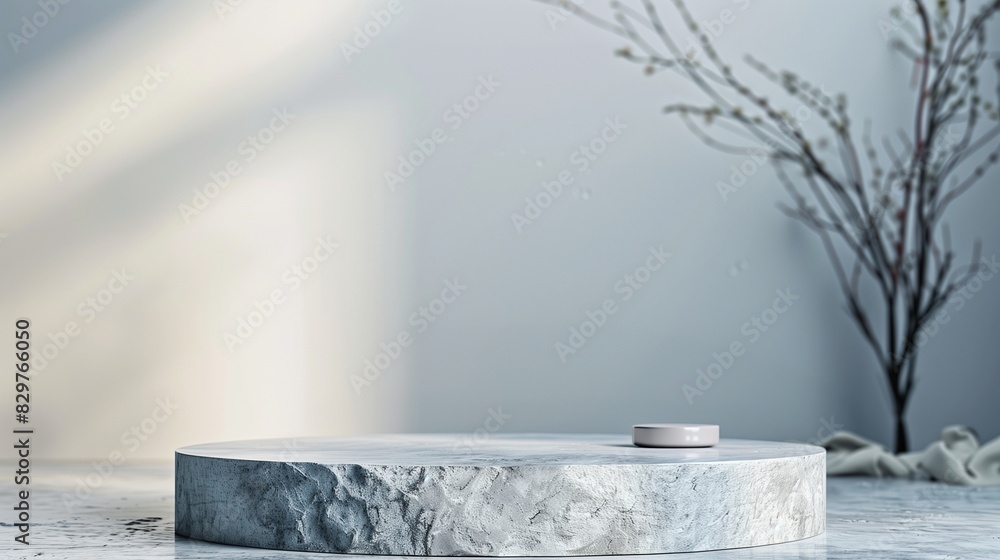 A sleek stone podium set against a minimalist background, perfect for displaying cosmetic products, with subtle textures and natural lighting, in