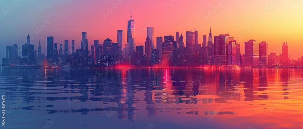 Silhouetted cityscape reflected in a vibrant, pink and orange sunset.