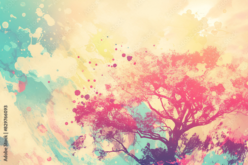 Artistic image of a tree with abstract colorful splashes and a bright, creative background