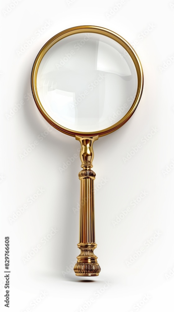 A beautiful magnifying glass with golden handle on the white background. A beautiful magnifying glass with golden handle on the white background.