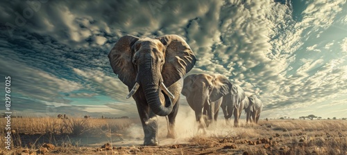 A group of elephants walking across the savannah, with one elephant  photo