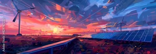 A panoramic view of a modern solar panel farm and wind turbines with a sunset sky background. #829767223