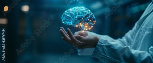 Close up of doctor holding a hologram brain in his hands, depicting futuristic medical technology. #829767454