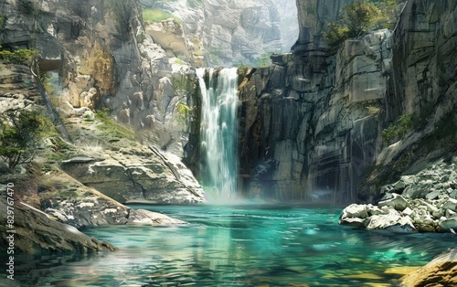 Waterfall Flowing into a Transparent Basin  The Magnificence of a Waterfall Streaming into a Sparkling Pond Ai Generated