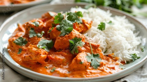 A richly garnished plate of chicken tikka masala, served with basmati rice and fresh coriander.