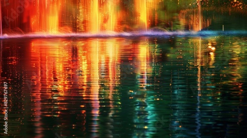 Vibrant ribbons of light gracefully cascading onto the calm waters of a mystical lake.