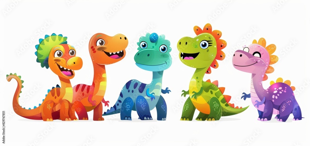 Fototapeta premium Vector illustration of cute cartoon dinosaurs, smiling and laughing with big eyes on a white background.
