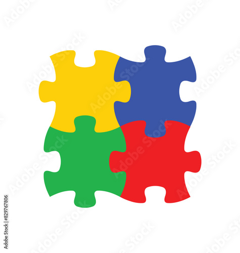4 simple puzzle pieces connected together blue green yellow red transparent background