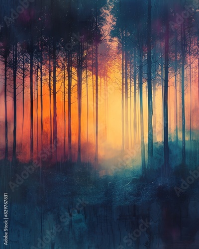 A mystical forest with tall trees, shrouded in colorful mist and backlit by a vibrant sunset, creating an ethereal atmosphere.