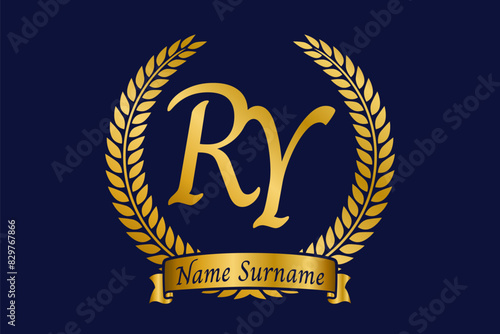 Initial letter R and Y, RY monogram logo design with laurel wreath. Luxury golden calligraphy font.