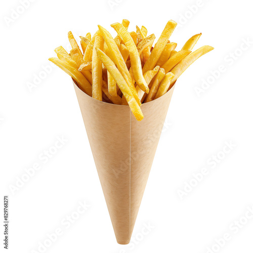 French fries in a paper cone die cut PNG style isolated on white and transparent background