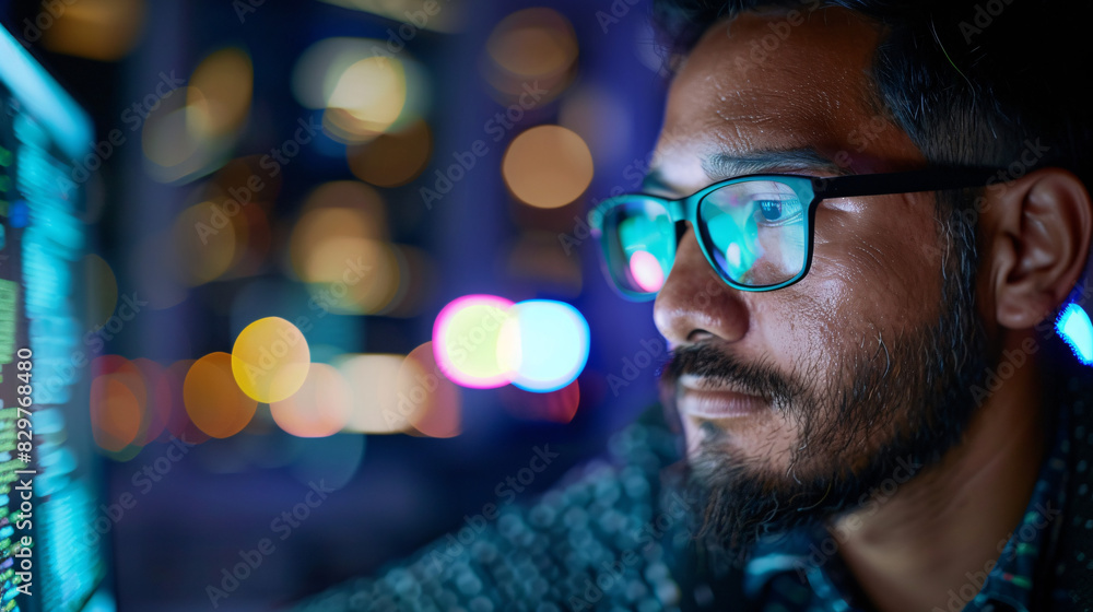 Focused programmer working late night. Focused male computer programmer working on code at his desk late at night with city lights in background Focused programmer working late night. Focused male computer programmer working on code at his desk late at night with city lights in background
