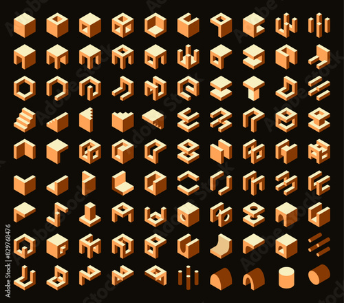 Mega isometric shapes collection. Abstract block set. Architectural vector elements. Geometric icons.