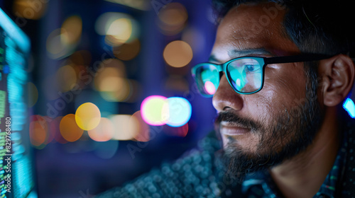 Focused programmer working late night. Focused male computer programmer working on code at his desk late at night with city lights in background