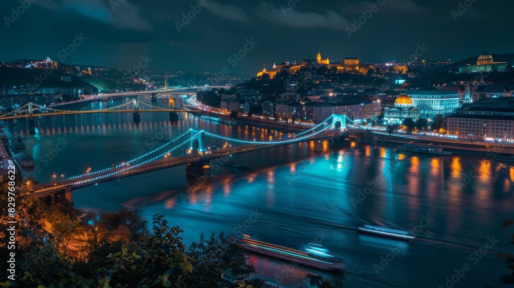 A scenic view of a bridge crossing a river at night, with boats passing underneath and city lights in the background. A scenic view of a bridge crossing a river at night, with boats passing underneath and city lights in the background.