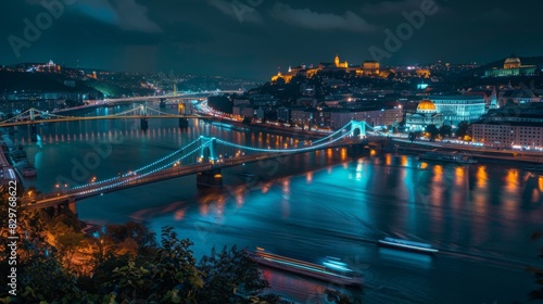 A scenic view of a bridge crossing a river at night, with boats passing underneath and city lights in the background. © Plaifah