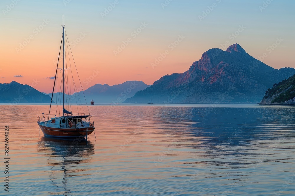 a wide view of the sea among Islands with the yacht sailing on sunset professional photography