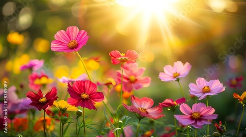 Vibrant wildflowers in full bloom captured with soft focus for a dreamy ambiance