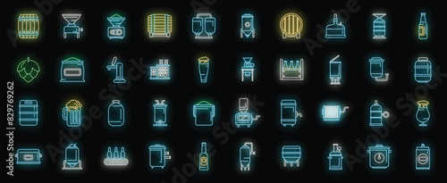 Brewery icons set outline vector. Beer alcohol. Bar can neon color on black