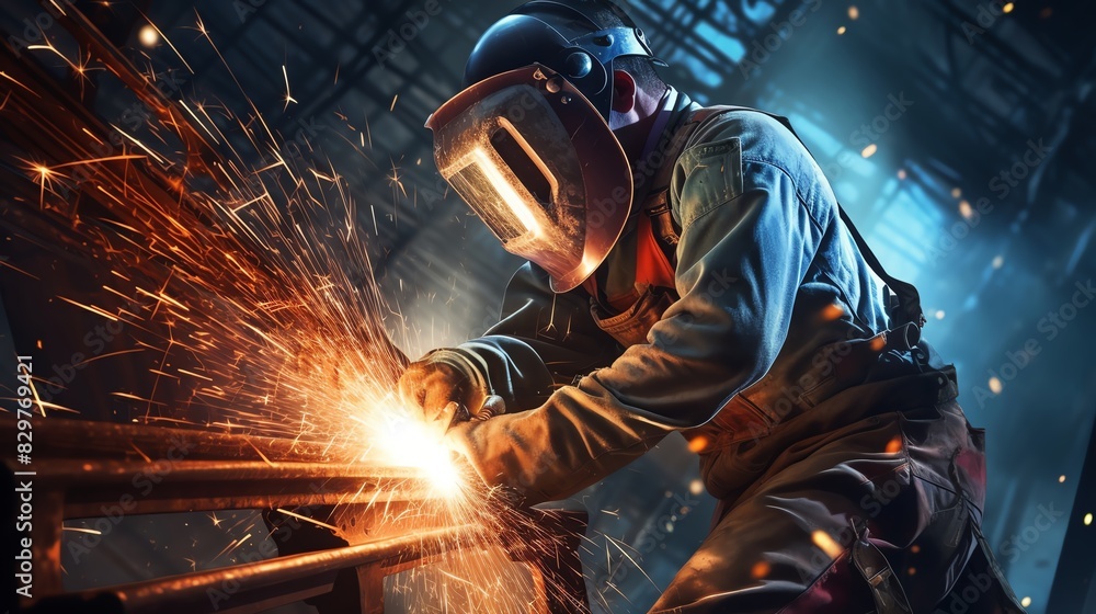 Detailed shot of a worker welding steel beams, sparks flying, creating a dramatic effect Detailed shot of a worker welding steel beams, sparks flying, creating a dramatic effect