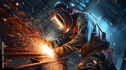 Detailed shot of a worker welding steel beams, sparks flying, creating a dramatic effect photo
