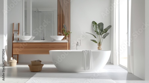 A serene minimalist bathroom with a white freestanding bathtub, wooden accents, and a large mirror reflecting the clean design.