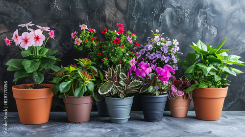 Different beautiful blooming plants in flower pots 