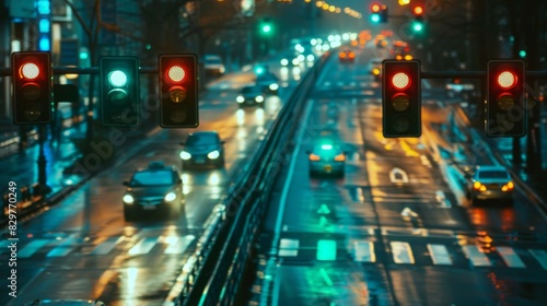 A series of traffic lights along a busy street, all showing green as cars move through the intersection.