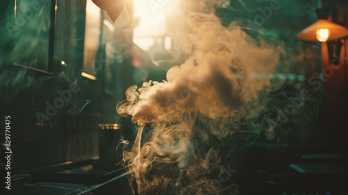 A shot of cigarette smoke filling a small, dimly lit room, creating a dense, atmospheric haze.