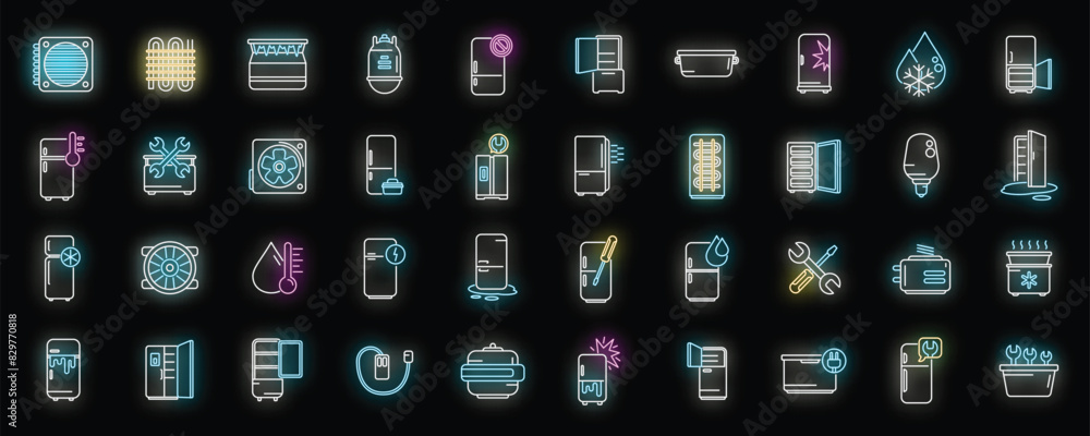 Refrigerator repair icons set outline vector. Fridge door. Open cold neon color on black Refrigerator repair icons set outline vector. Fridge door. Open cold neon color on black