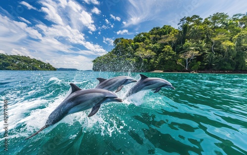 Dolphins Frolicking in a Tropical Bay  Dolphins Playful Leaping in the Bay  Joyful Leaps Ai Generated