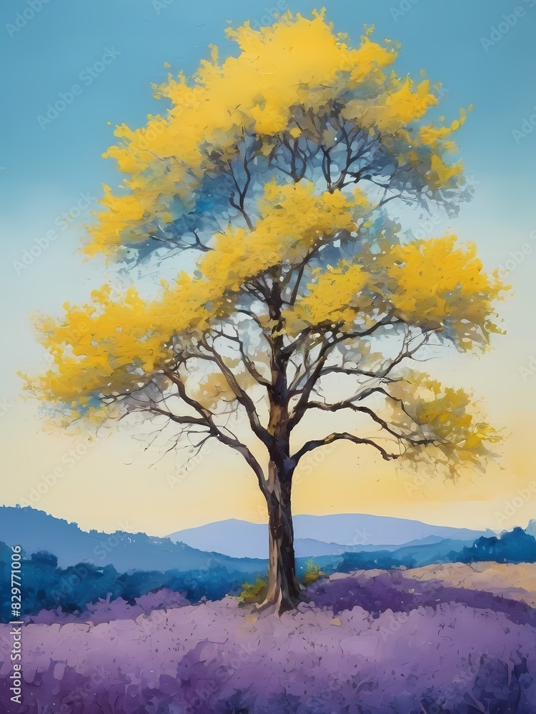 Painting of a tree, yellow, purple generative AI illustration Painting of a tree, yellow, purple generative AI illustration
