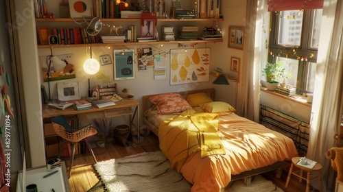 A small bedroom with a single bed, a study area with a desk and chair, and shelves filled with books and decor.