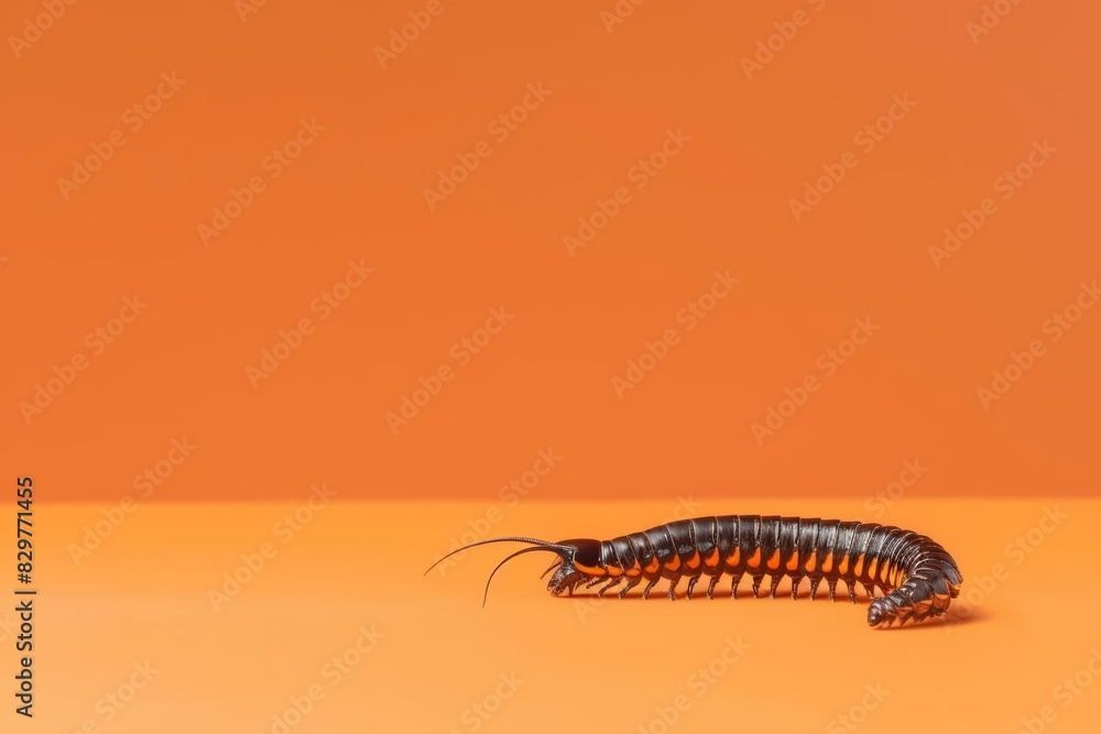 A centipede in running gear, jogging on a solid orange background, copy space included A centipede in running gear, jogging on a solid orange background, copy space included