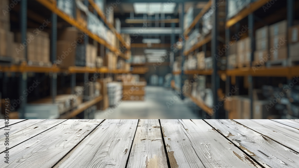 Empty wood table top with blur background of warehouse of factory. The ...