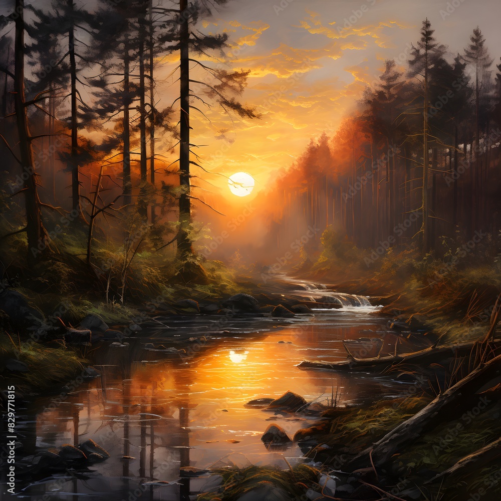 Sunrise in the misty forest with tall trees. Generative AI. Sunrise in the misty forest with tall trees. Generative AI.