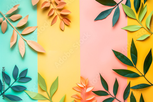 Floral background with colorful pastel stripes and leaves with copy space for text