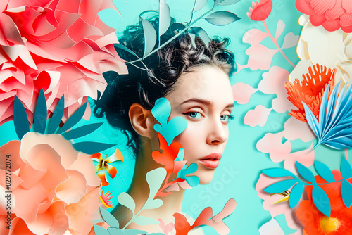 Colorful floral collage art. Abstract portrait of a woman with flowers, leaves and vivid colors
