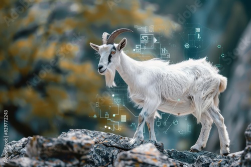 A goat nimbly climbed the rocky terrain photo