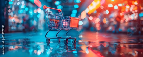 Empty shopping cart in brightly lit supermarket aisle with blue and orange lights, creating a vibrant and modern retail scene. photo